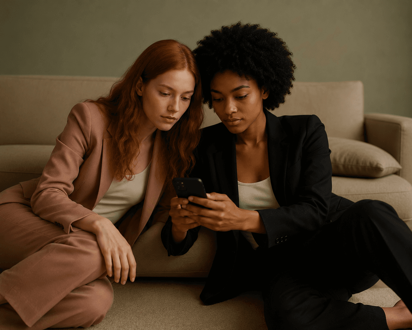 Two women on a couch reviewing their roster on a phone